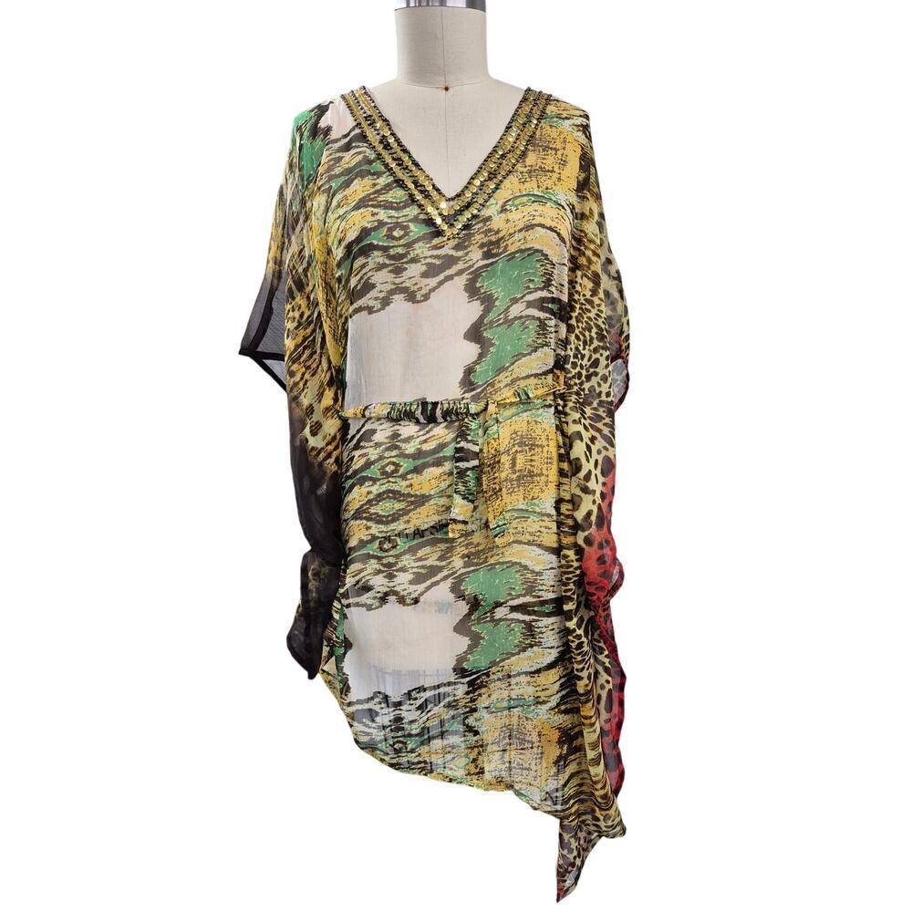NWT Ace Fashion Sheer Swim Cover Up Animal Print Attached Belt Sequined Neck  L